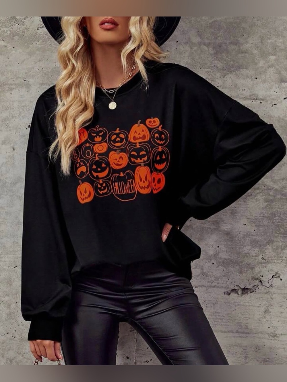 Black Halloween Pumpkin Graphic Long-Sleeve Top